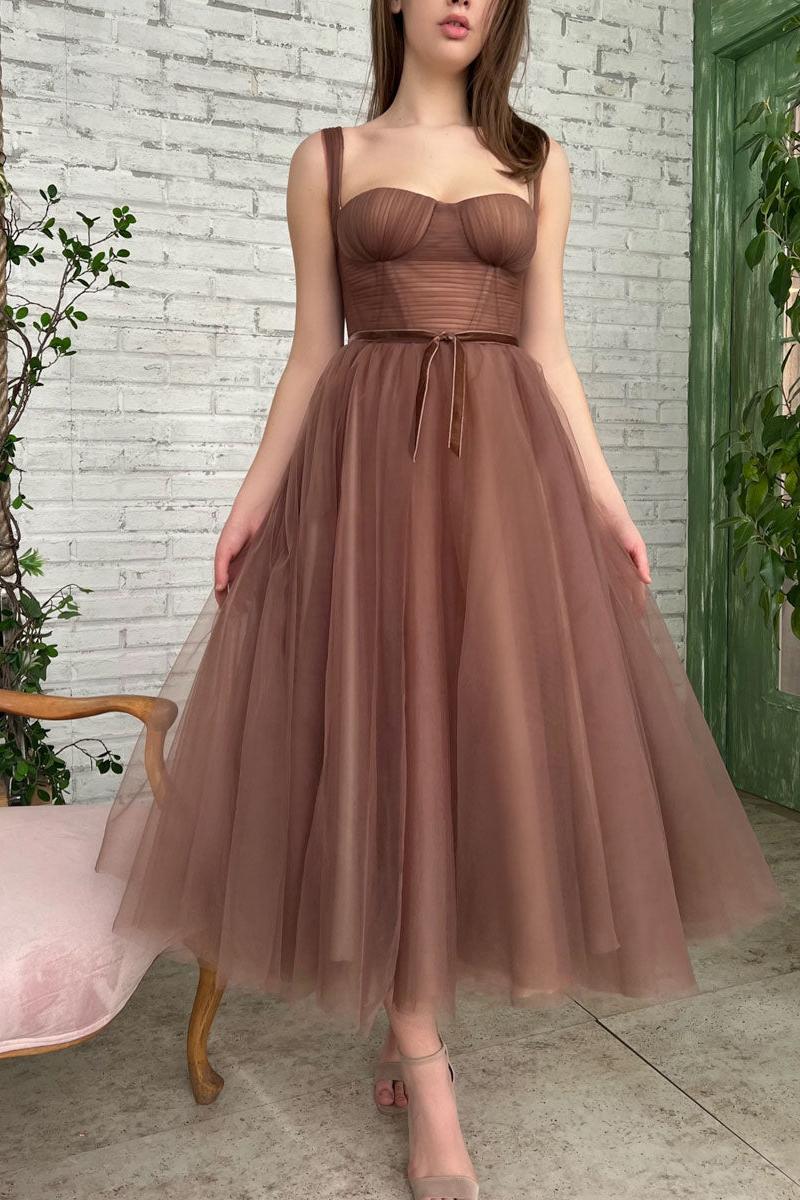 Simple Homecoming Dress A Line Tea Length Brown Short Party Cocktail Dress