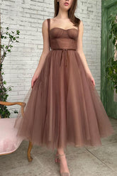 Simple Homecoming Dress A Line Tea Length Brown Short Party Cocktail Dress