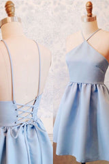Simple Homecoming Dress Blue Backless Short Party Cocktail Dress