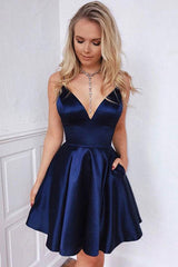Simple Homecoming Dress Blue V Neck Satin Short Party Cocktail Dress