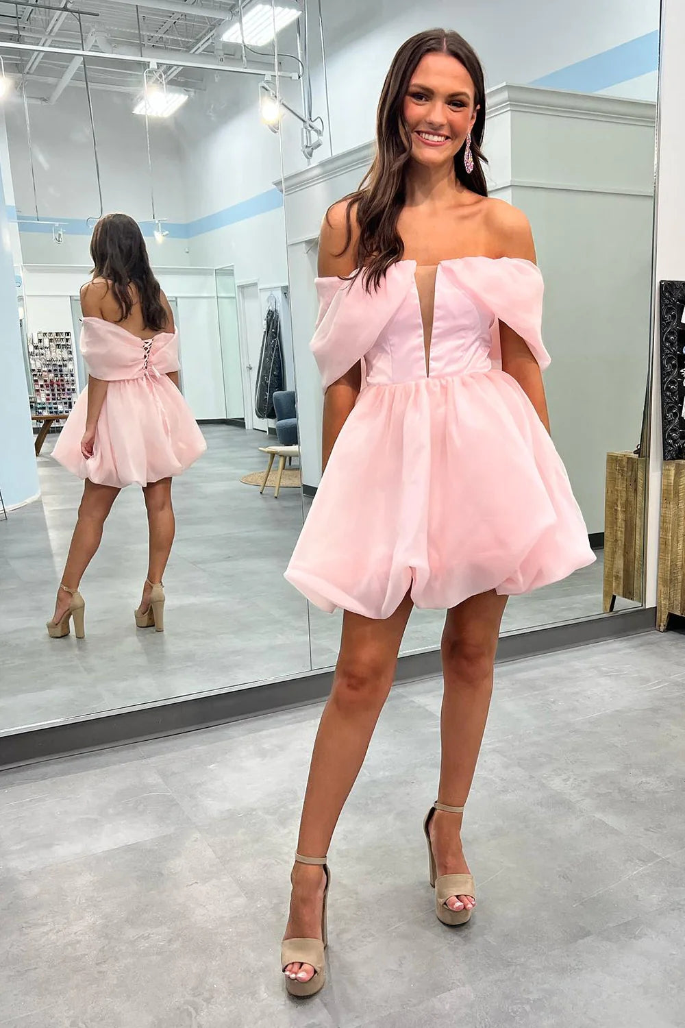 Simple Homecoming Dress Girly pink A Line Off the Shoulder Short Party Cocktail Dress