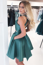 Simple Homecoming Dress Green Satin Short Party Cocktail Dress