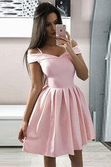 Simple Homecoming Dress Pink Off Shoulder Satin Short Party Cocktail Dress