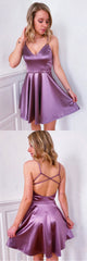 Simple Homecoming Dress Purple V Neck Satin Short Party Cocktail Dress