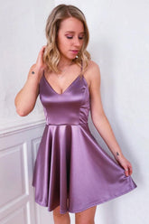Simple Homecoming Dress Purple V Neck Satin Short Party Cocktail Dress