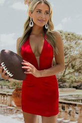 Simple Homecoming Dress Red Deep V neck Short Party Cocktail Dress