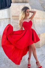 Simple Homecoming Dress Red Satin High Low Party Cocktail Dress