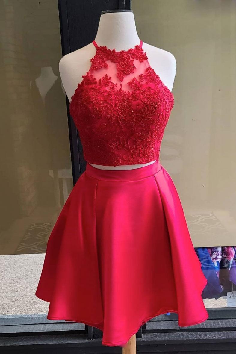 Simple Homecoming Dress Red Two Piece Lace Short Party Cocktail Dress