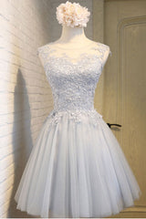Simple Homecoming Dress Round Neck Lace Appliques Tulle Short Party Cocktail Dress