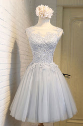 Simple Homecoming Dress Round Neck Lace Appliques Tulle Short Party Cocktail Dress