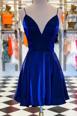 Simple Homecoming Dress V Neck Blue Short Party Cocktail Dress