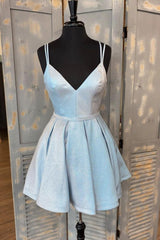 Simple Homecoming Dress V Neck Light Blue Short Party Cocktail Dress