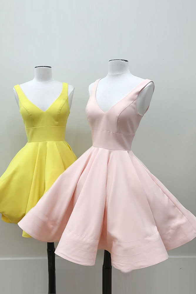 Simple Homecoming Dress V Neck Satin Short Party Cocktail Dress