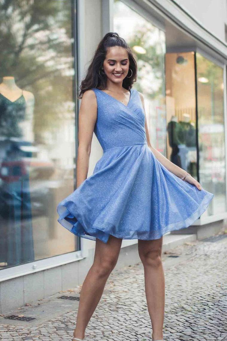 Simple Homecoming Dress V Neck Tulle Blue Short Party Cocktail Dress