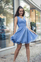 Simple Homecoming Dress V Neck Tulle Blue Short Party Cocktail Dress