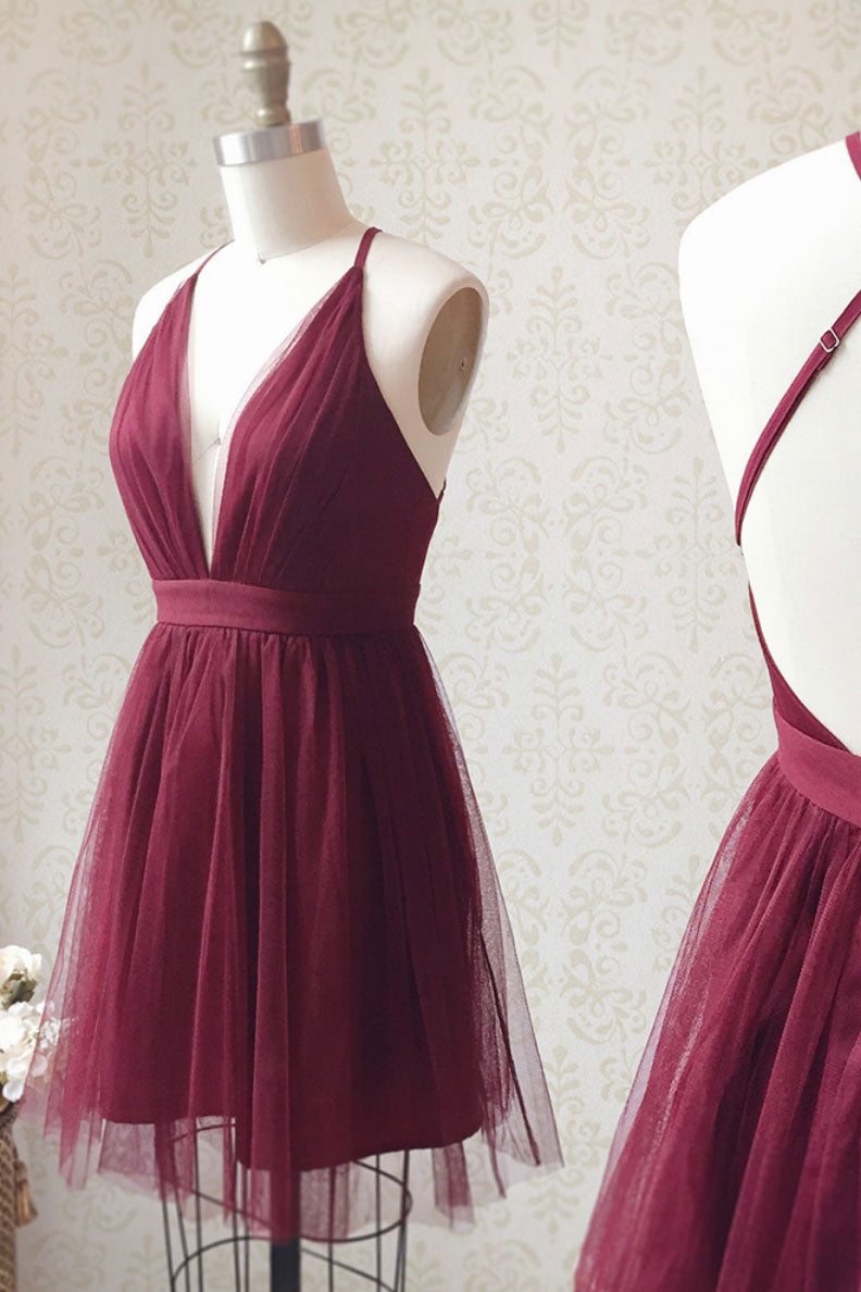 Simple Homecoming Dress V Neck Tulle Burgundy Short Party Cocktail Dress