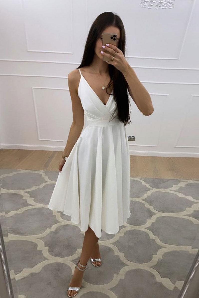 Simple Homecoming Dress White V Neck Short Party Cocktail Dress