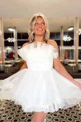 Simple Homecoming Dresses Strapless Tiered Tulle A-Line Short Cocktail Dresses