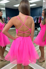 Simple Hot Pink Homecoming Dresses Lace-Up Back A-Line Organza Short Cocktail Dresses