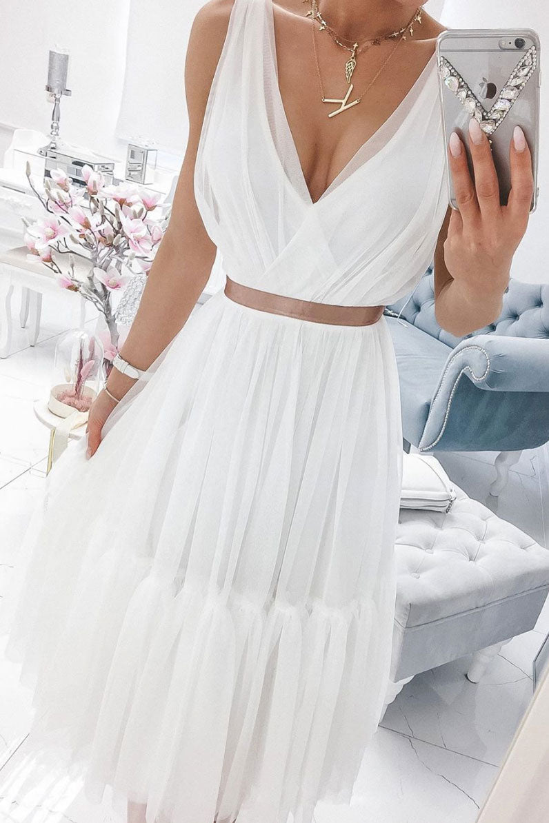 Simple Ivory Prom Dress V Neck Chiffon Tulle Formal Gown Evening Dress