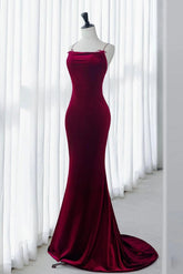 Simple Mermaid Burgundy Velvet Formal Dress Long Velvet Evening Dress