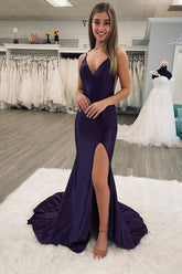 Simple Mermaid Dark Purple Prom Dress Spaghetti Straps Backless Long Evening Dress