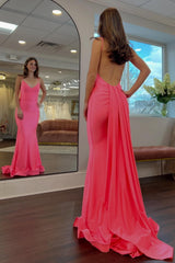 Dressystars Simple Mermaid Spaghetti Straps Candy Pink Long Prom Dress With Train Formal Evening Gown