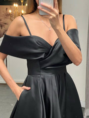 Simple Off the Shoulder Prom Dress Satin Long Formal Gown Evening Dress
