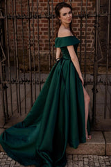 Simple Off the Shoulder Satin Green Prom Dress Long Formal Evening Dress