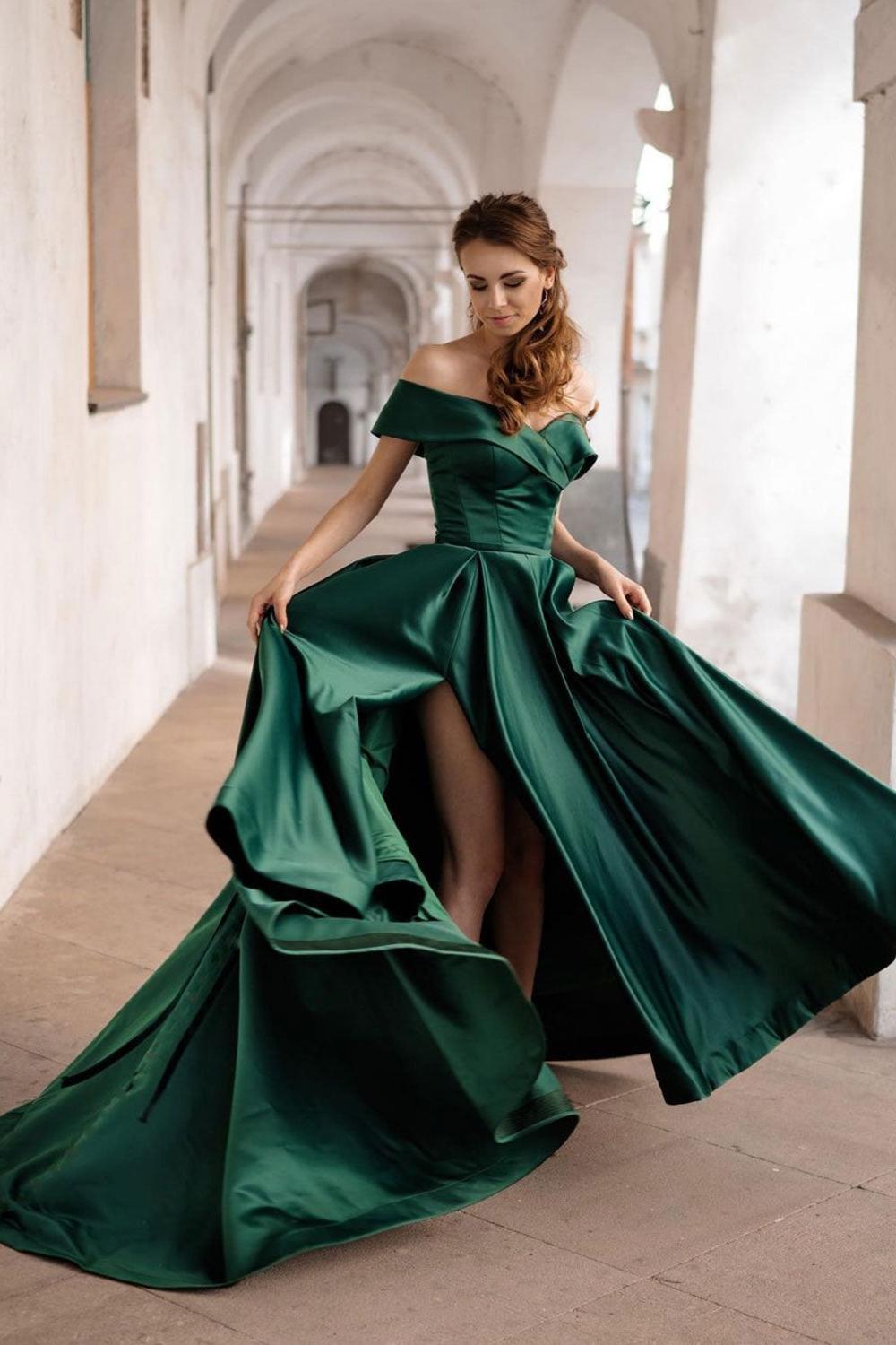 Simple Off the Shoulder Satin Green Prom Dress Long Formal Evening Dress