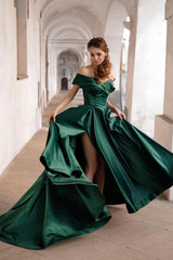 Simple Off the Shoulder Satin Green Prom Dress Long Formal Evening Dress