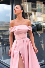 Simple Pink Prom Dress Off the Shoulder Satin Long Formal Evening Dress