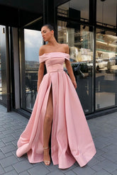 Simple Pink Prom Dress Off the Shoulder Satin Long Formal Evening Dress