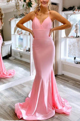 Simple Pink Prom Dress Satin Mermaid Long Formal Evening Dress