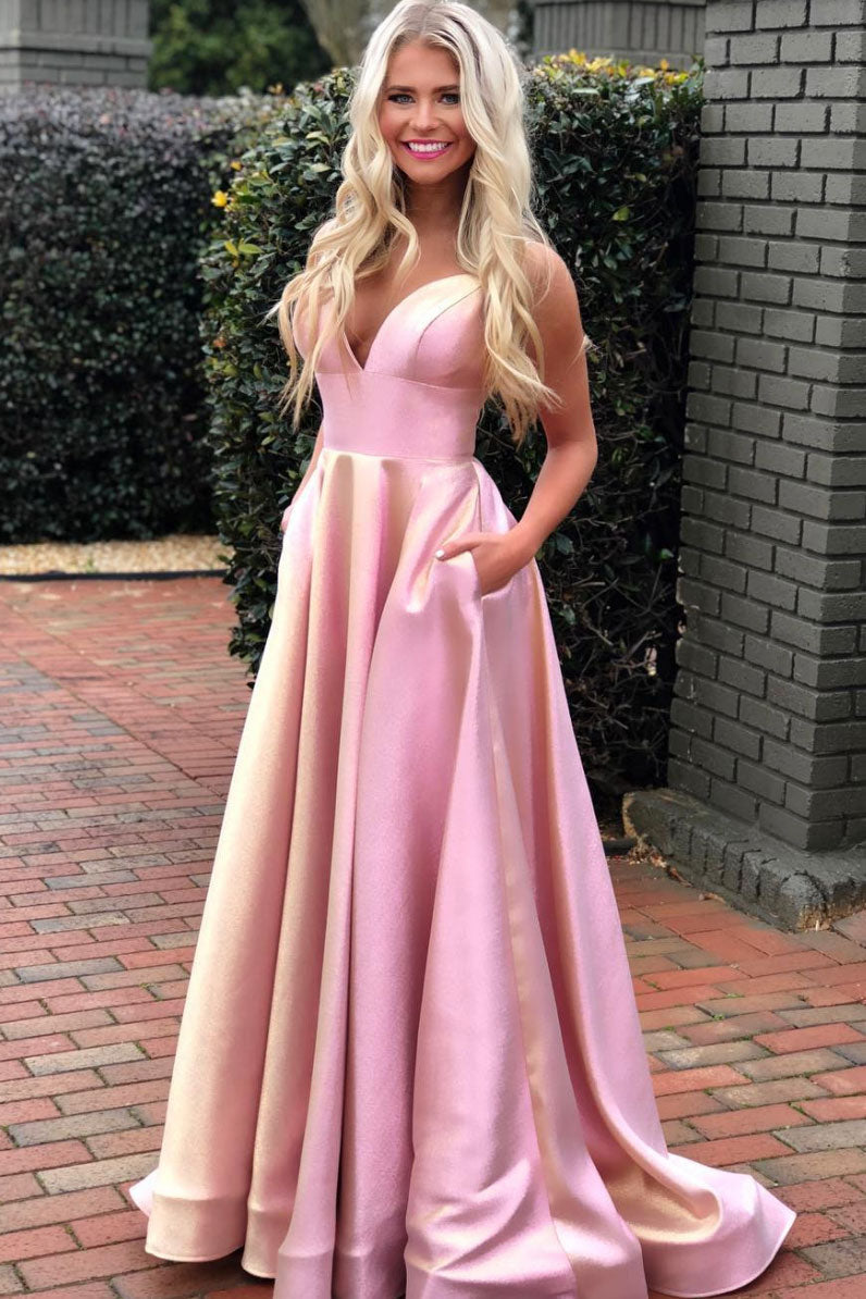 Simple Pink Prom Dress V Neck Satin Long Formal Gown Evening Dress