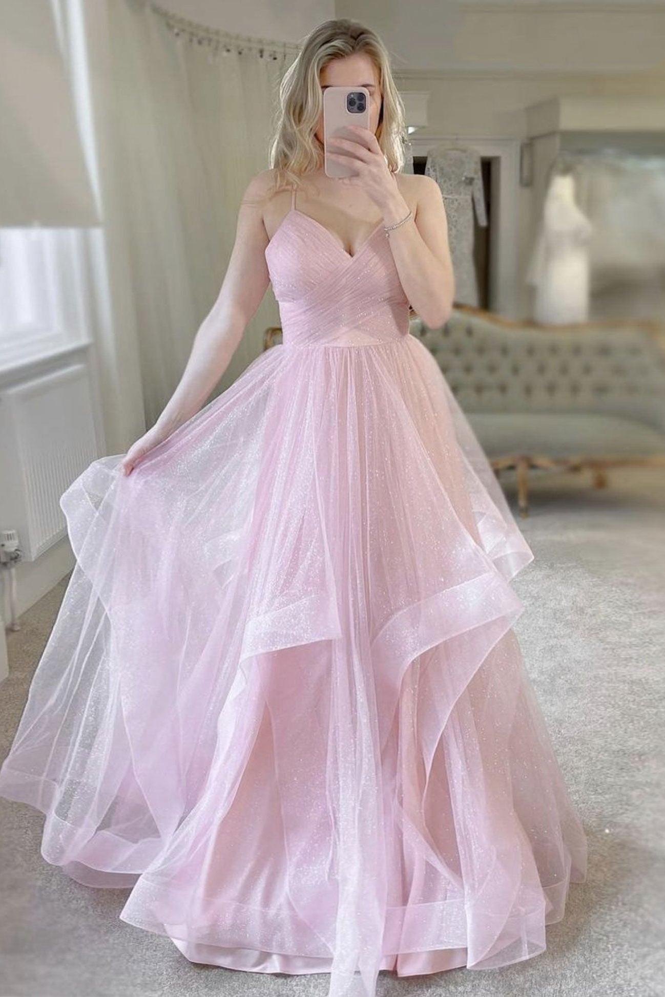 Simple Pink Prom Dress V Neck Tulle Long Formal Evening Dress