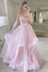 Simple Pink Prom Dress V Neck Tulle Long Formal Evening Dress
