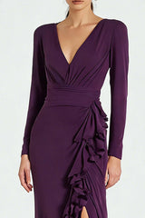 Dressystars Simple Plum Satin V-Neck Long Sleeves Prom Dress With Ruffles