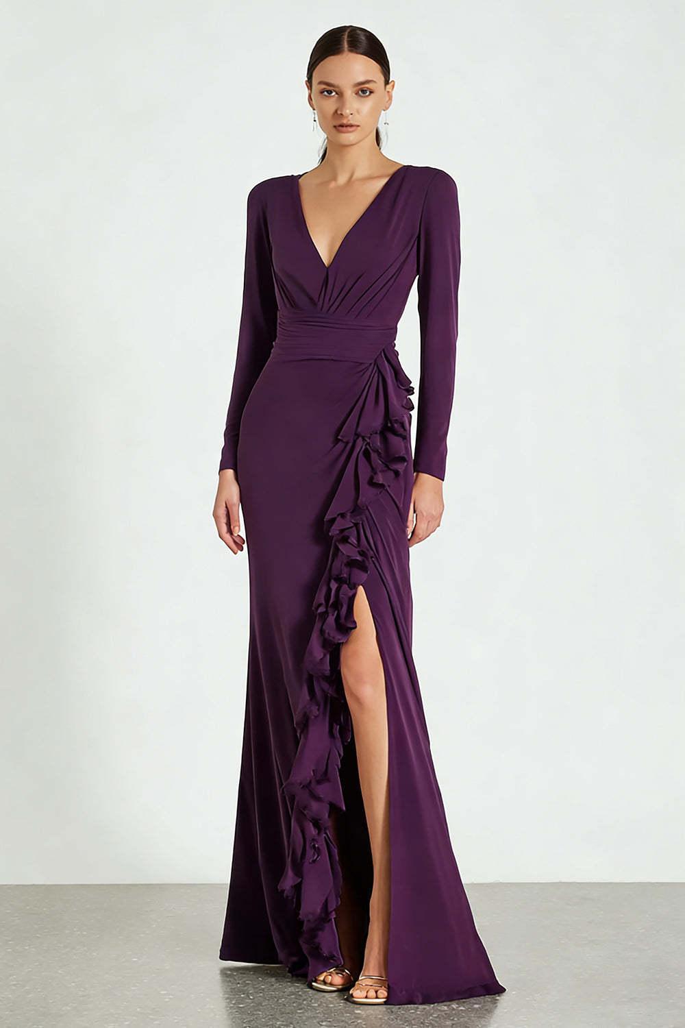 Dressystars Simple Plum Satin V-Neck Long Sleeves Prom Dress With Ruffles