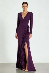 Dressystars Simple Plum Satin V-Neck Long Sleeves Prom Dress With Ruffles