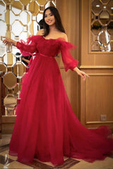 Simple Red Prom Dress Tulle Long Formal Evening Dress