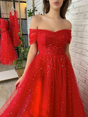 Simple Red Prom Dress Tulle Off the Shoulder Long Formal Gown Evening Dress