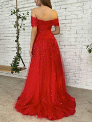 Simple Red Prom Dress Tulle Off the Shoulder Long Formal Gown Evening Dress