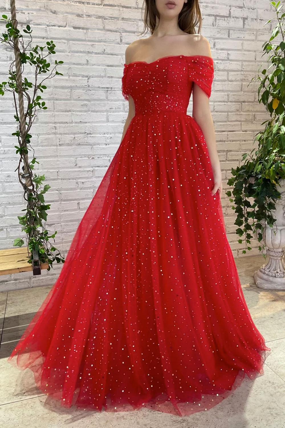 Simple Red Prom Dress Tulle Off the Shoulder Long Formal Gown Evening Dress