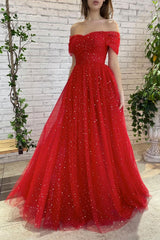 Simple Red Prom Dress Tulle Off the Shoulder Long Formal Gown Evening Dress