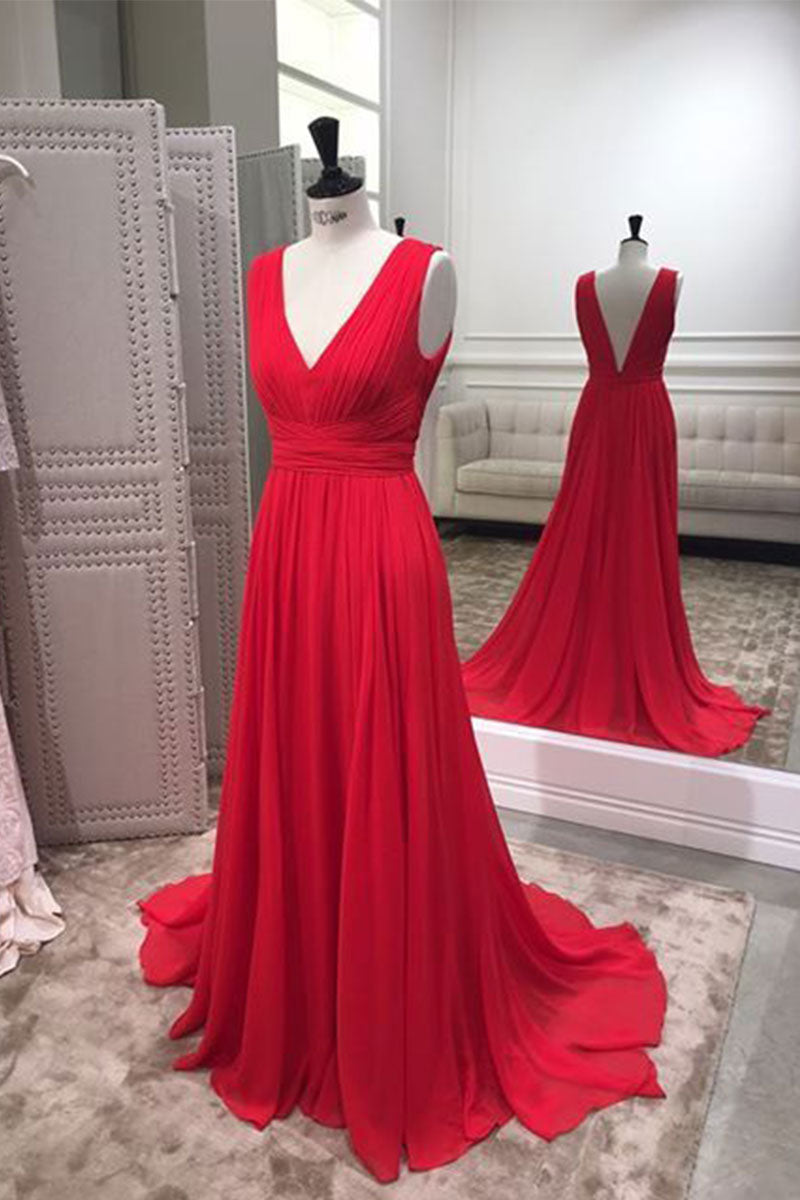 Simple Red Prom Dress V Neck Chiffon Long Formal Evening Dress