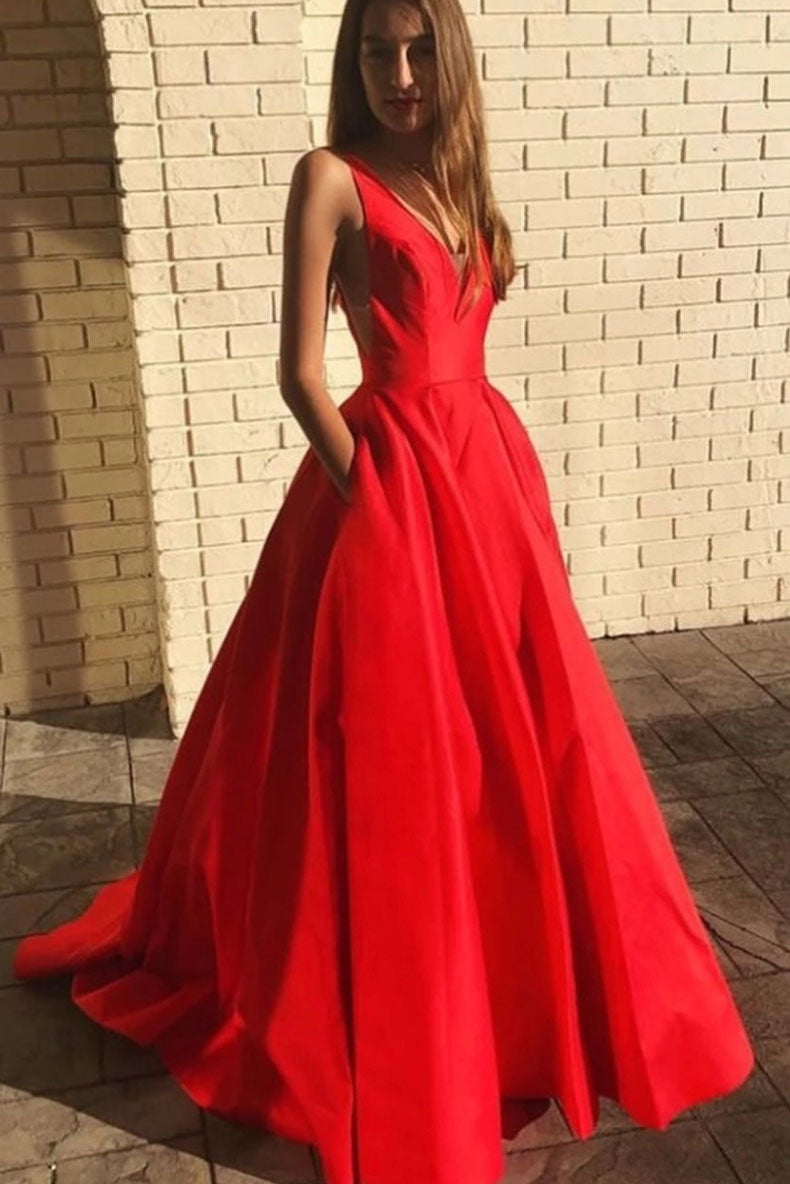 Simple Red Prom Dress V Neck Satin Long Formal Dress Evening Dress