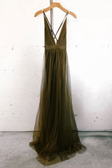 Simple Tulle Prom Dress V Neck Long Formal Evening Dress