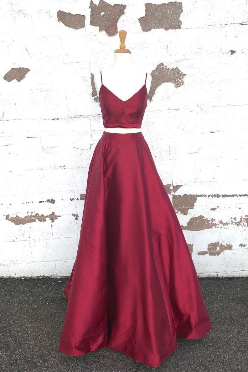 Simple Two Pieces Satin Long Burgundy Prom Dress Formal Gown Evening Dress