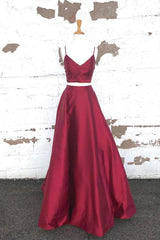 Simple Two Pieces Satin Long Burgundy Prom Dress Formal Gown Evening Dress